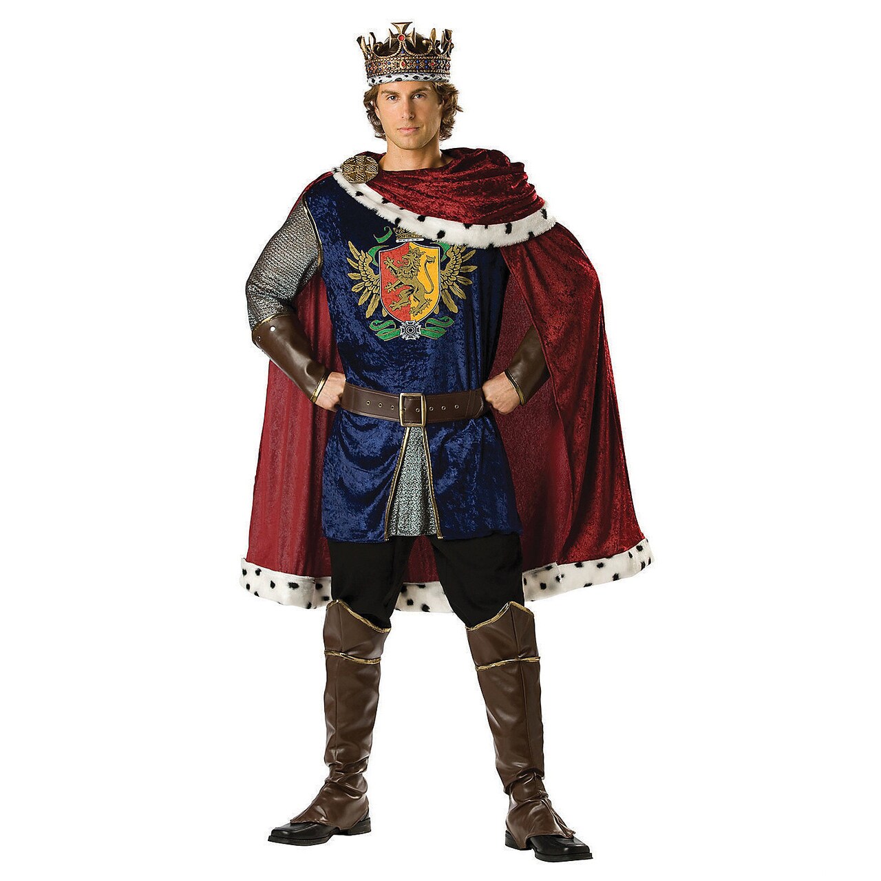 Men's Noble King Costume Blue Tunic Red Cape Vinyl Crown Halloween Outfit